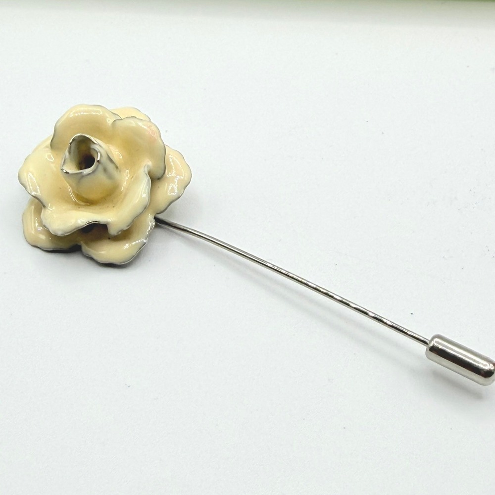 Rose Stick Pin Women Cream Enamel Silver Tone Flower Vintage Very Good